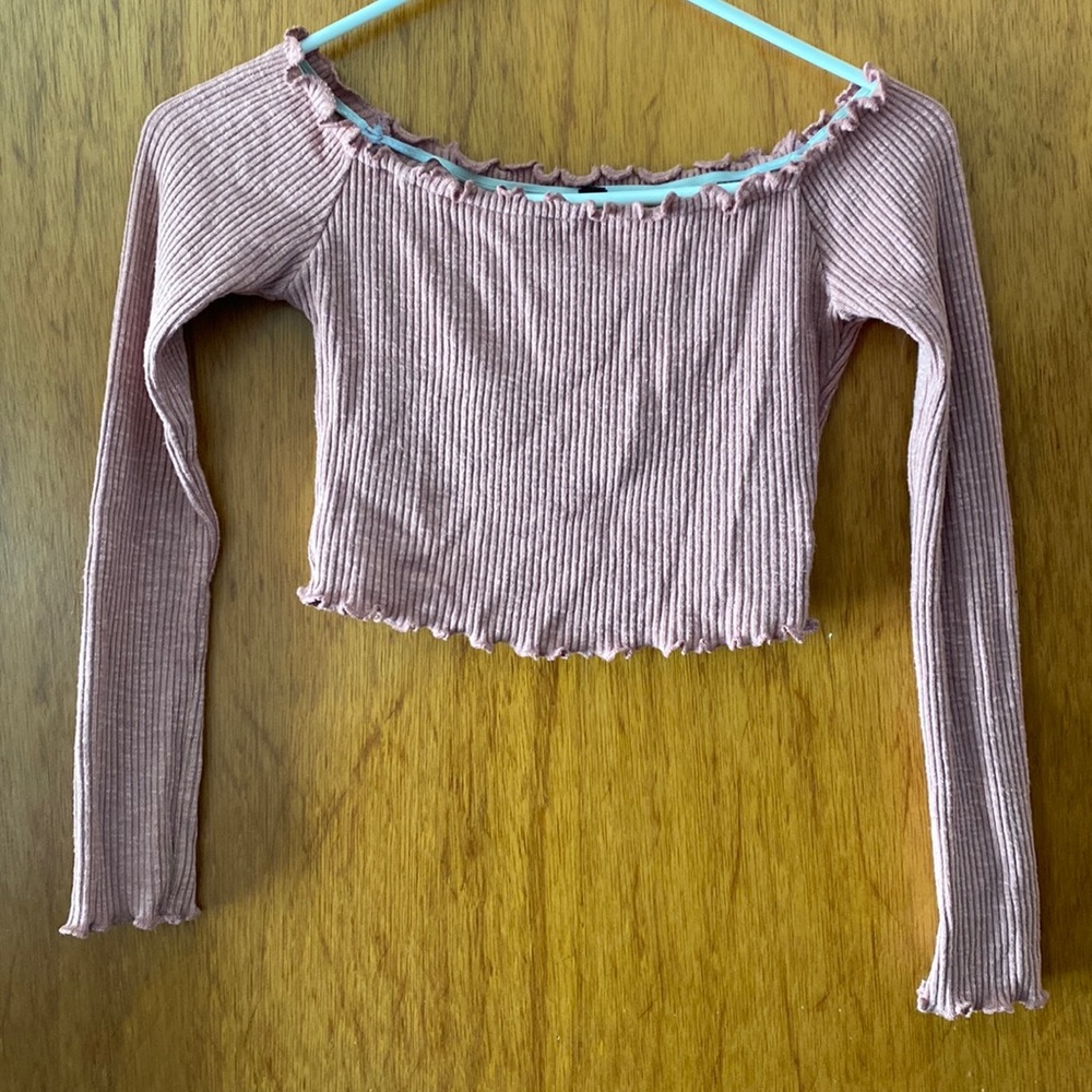 Honey Bum Pink Rib Open-Shoulder Stretchy Crop Top w/ Lettuce Edge Trim